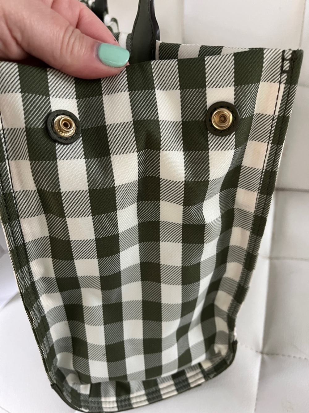 Tory Burch Olive and White Gingham Logo Tote with Leather Trim - Picture 10 of 11